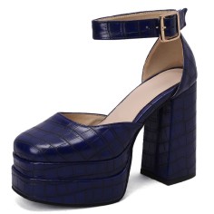 Square Toe Platforms Ankle Straps Croco Embbossed Chunky Heels Dorsay Pumps - Blue