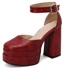 Square Toe Platforms Ankle Straps Croco Embbossed Chunky Heels Dorsay Pumps - Red