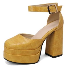 Square Toe Platforms Ankle Straps Croco Embbossed Chunky Heels Dorsay Pumps - Yellow