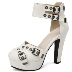 Round Toe Block Heels Ankle Double Buckle Straps Platforms Dorsay Pumps with Back Zipper - White