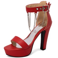 Peep Toe Chain Decorated Ankle Buckle Straps Platforms Cuban Heels Sandals Pumps - Red