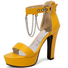 Peep Toe Chain Decorated Ankle Buckle Straps Platforms Cuban Heels Sandals Pumps - Yellow