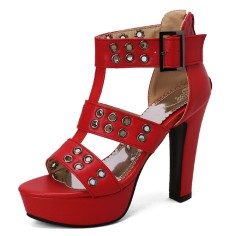 Peep Toe Ankle Buckle Straps Platforms Cuban Heels Gladiator Sandals Pumps - Red