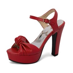 Peep Toe Platforms Knot Decorated Chunky Heels Ankle Buckle Straps Summer Sandals - Red