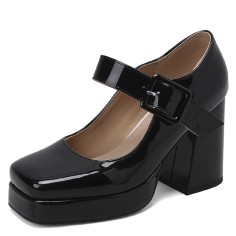 Round Toe Chunky Heels Buckle Straps Patent Platforms Mary Janes Shoes - Black