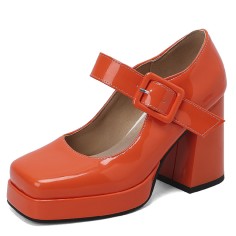 Round Toe Chunky Heels Buckle Straps Patent Platforms Mary Janes Shoes - Orange