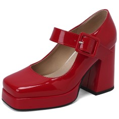 Round Toe Chunky Heels Buckle Straps Patent Platforms Mary Janes Shoes - Red