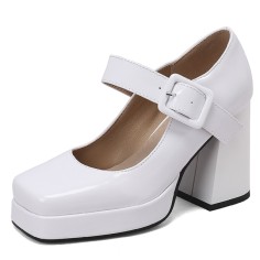 Round Toe Chunky Heels Buckle Straps Patent Platforms Mary Janes Shoes - White
