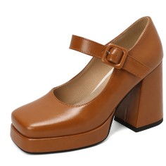 Round Toe Chunky Heels Buckle Straps Matte Platforms Mary Janes Shoes - Auburn