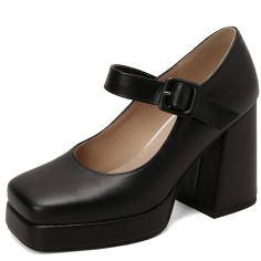 Round Toe Chunky Heels Buckle Straps Matte Platforms Mary Janes Shoes - Black