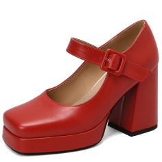 Round Toe Chunky Heels Buckle Straps Matte Platforms Mary Janes Shoes - Red