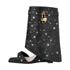 Square Open Toe Rhinestones Crusted Wedge Lock Design Fold Over Summer Wedges Sandals - Black Sequined Cloth