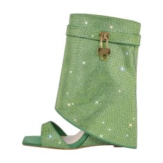 Square Open Toe Rhinestones Crusted Wedge Lock Design Fold Over Summer Wedges Sandals - Green Sequined Cloth