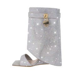 Square Open Toe Rhinestones Crusted Wedge Lock Design Fold Over Summer Wedges Sandals - Silver Sequined Cloth