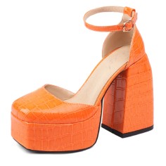 Square Toe Platforms Ankle Straps Croco Embbossed Chunky Heels Dorsay Pumps - Orange