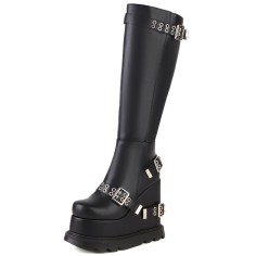 Round Toe Buckle Straps Gothic Punk Knee High Wedges Boots - Black