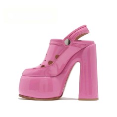 Round Toe Chunky Heels Platforms Versatile Sole Summer Barbie Sandals Pumps - Pink