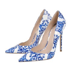 Pointed Toe Stiletto Heels Nicaea Pottery Print Classic Pumps  - Blue