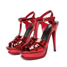 Italian Heels Ankle T Straps Peep Toe Platforms Brand Design Stiletto Metallic Sandals - Pink Patent