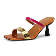 Peep Toe Colorful Kitten Heels Summer Mules Sandals - Gold