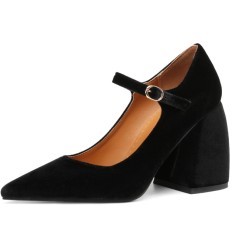 Pointed Toe Chunky Heels Suede Mary Janes Pumps - Black
