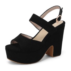Peep Toe Platforms Chunky Heels Suede Summer Sandals Pumps - Black