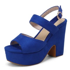 Peep Toe Platforms Chunky Heels Suede Summer Sandals Pumps - Blue