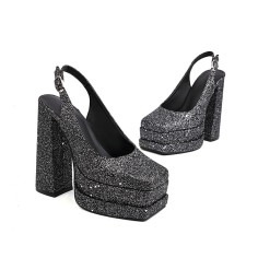 Square Toe Chunky Heels Sequin Back Straps Platforms Pumps - Black