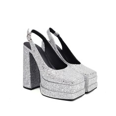 Square Toe Chunky Heels Sequin Back Straps Platforms Pumps - Silver