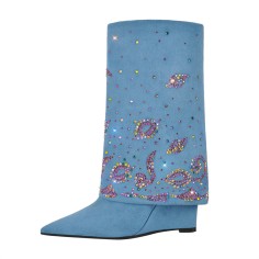 Pointed Toe Rhinestones Fold Over Wedges Flock Boots - Blue