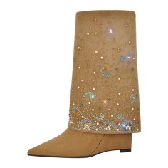 Pointed Toe Rhinestones Fold Over Wedges Flock Boots - Brown