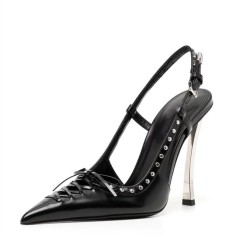 Pointed Toe Cross-tied Lace Up Curved Stiletto Heels Back Straps Pumps - Black