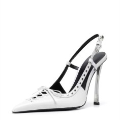 Pointed Toe Cross-tied Lace Up Curved Stiletto Heels Back Straps Pumps - White