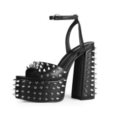 Peep Toe Chunky Heels Ankle Straps Silver Rivet Decorated Platforms Pumps - Black