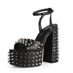 Peep Toe Chunky Heels Ankle Straps Gold Rivet Decorated Platforms Pumps - Black