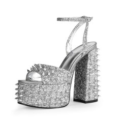 Peep Toe Chunky Heels Ankle Straps Rivet Decorated Bling Platforms Pumps - Silver