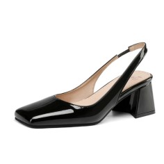Square Toe Medium Designed Chunky Heels Slingback Sandals Pumps - Black