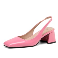 Square Toe Medium Designed Chunky Heels Slingback Sandals Pumps - Pink