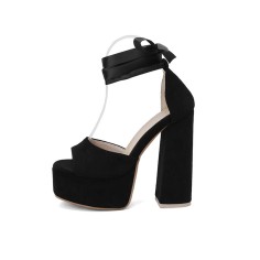 Peep Toe Chunky Heels Ribbon Lace Up Straps Platforms Pumps - Black