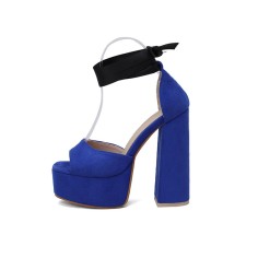 Peep Toe Chunky Heels Ribbon Lace Up Straps Platforms Pumps - Blue