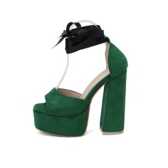 Peep Toe Chunky Heels Ribbon Lace Up Straps Platforms Pumps - Green
