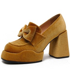 Round Toe Chunky Heels Butterfly Ribbon Knot Casual Loafers Pumps - Yellow