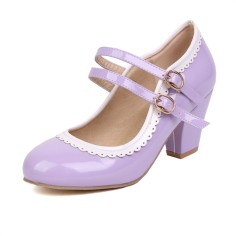 Round Toe Chunky Heels Lolita Vintage Mary Janes Double Straps Platforms Pumps - Lavender