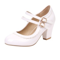 Round Toe Chunky Heels Lolita Vintage Mary Janes Double Straps Platforms Pumps - White
