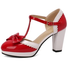 Round Toe Cute Bow-tied Chunky Heels Lolita T Straps Dorsay Platforms Pumps - Red