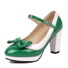 Round Toe Cute Bow-tied Chunky Heels Lolita Vintage Mary Janes Platforms Pumps - Green