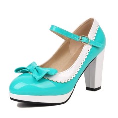 Round Toe Cute Bow-tied Chunky Heels Lolita Vintage Mary Janes Platforms Pumps - Light Green