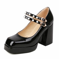 Square Toe Mary Janes Beads Chunky Heels Platforms Pumps - Black