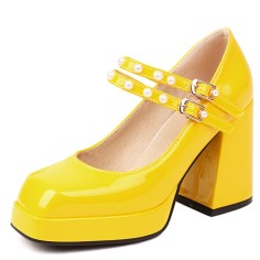Square Toe Mary Janes Beads Chunky Heels Platforms Pumps - Yellow