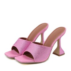 Peep Toe Rhinestones Spike Heels Sandals Slippers - Pink